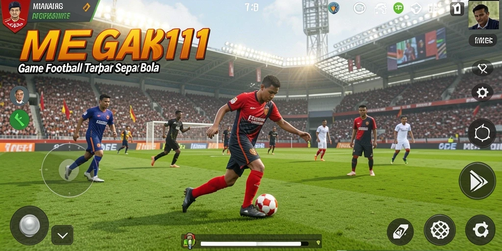 Screenshot gameplay MEGA111 menampilkan momen seru pertandingan sepak bola.