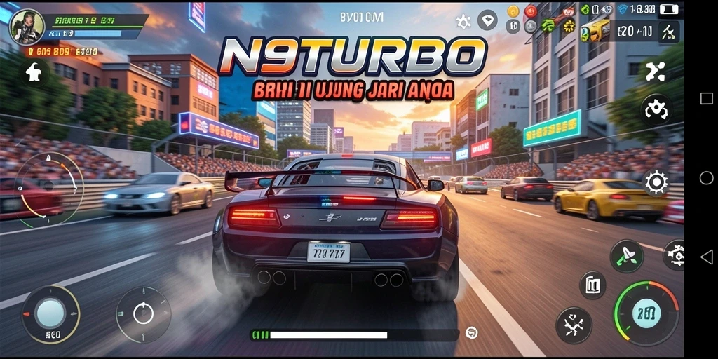 Tampilan gameplay N9TURBO yang menegangkan di sirkuit balap.